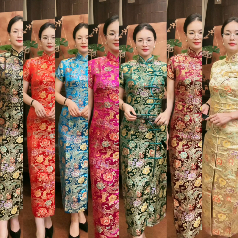 复古老上海全开襟织锦缎长款旗袍宴会婚礼走秀日常气质长旗袍 LGD