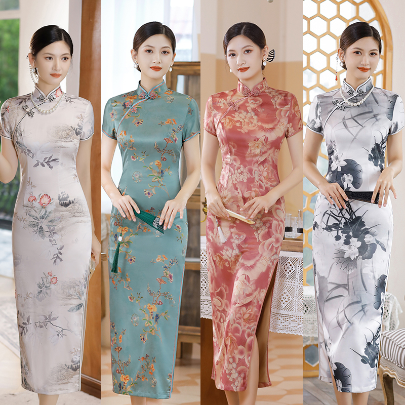LGD夏秋新款短袖长款显年轻中国风显瘦旗袍裙大码女装妈妈旗袍