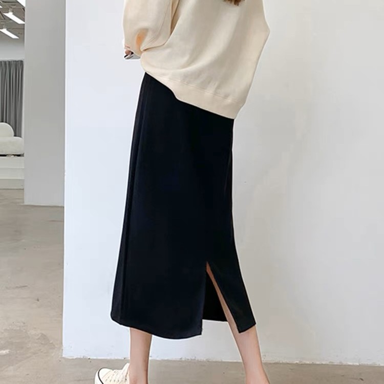 2023秋冬新款半身裙女针织裙长裙开叉显瘦黑子裙子百搭开叉高腰裙
