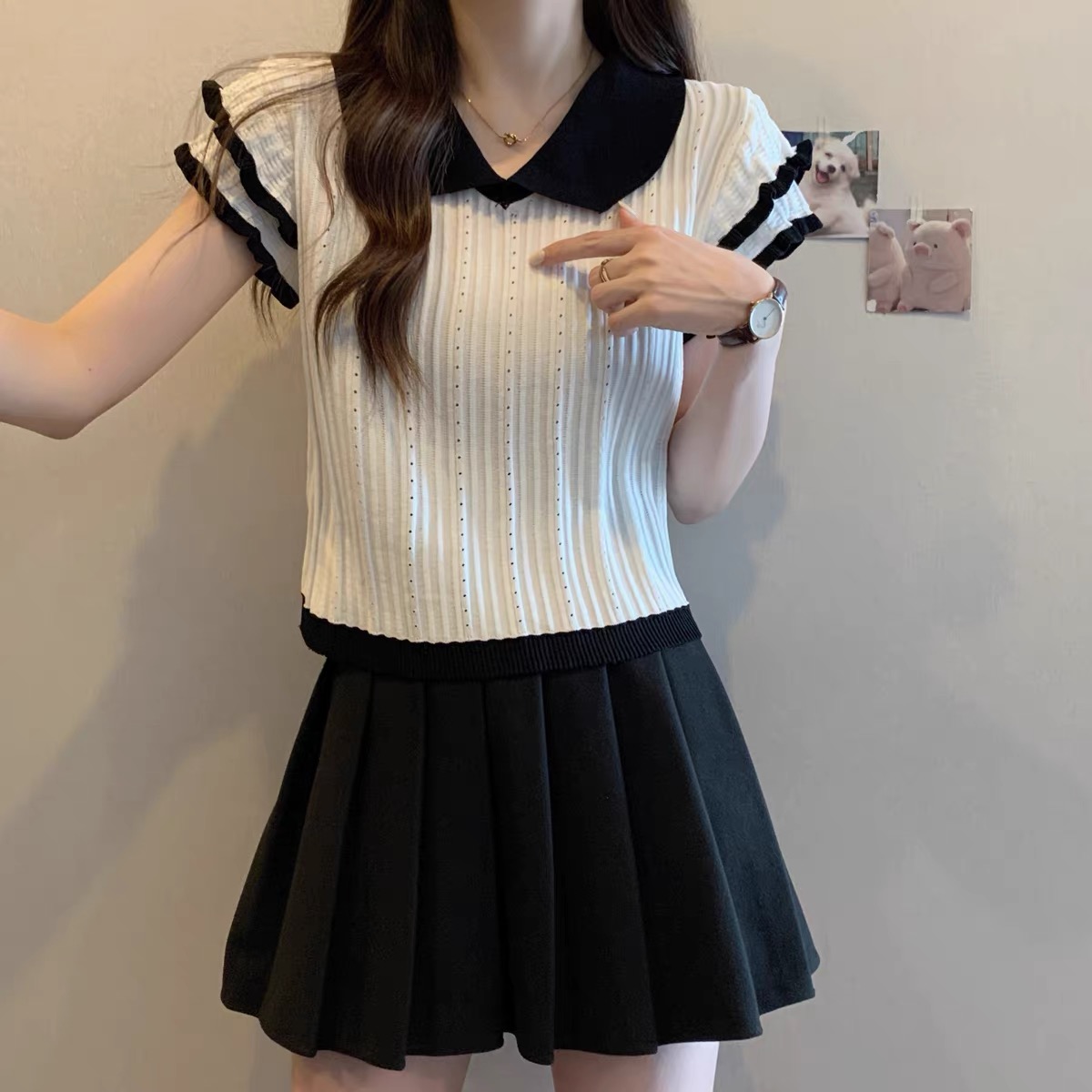 夏季新款宽松短袖女娃娃领飞飞袖针织薄T恤镂空百搭减龄洋气翻领