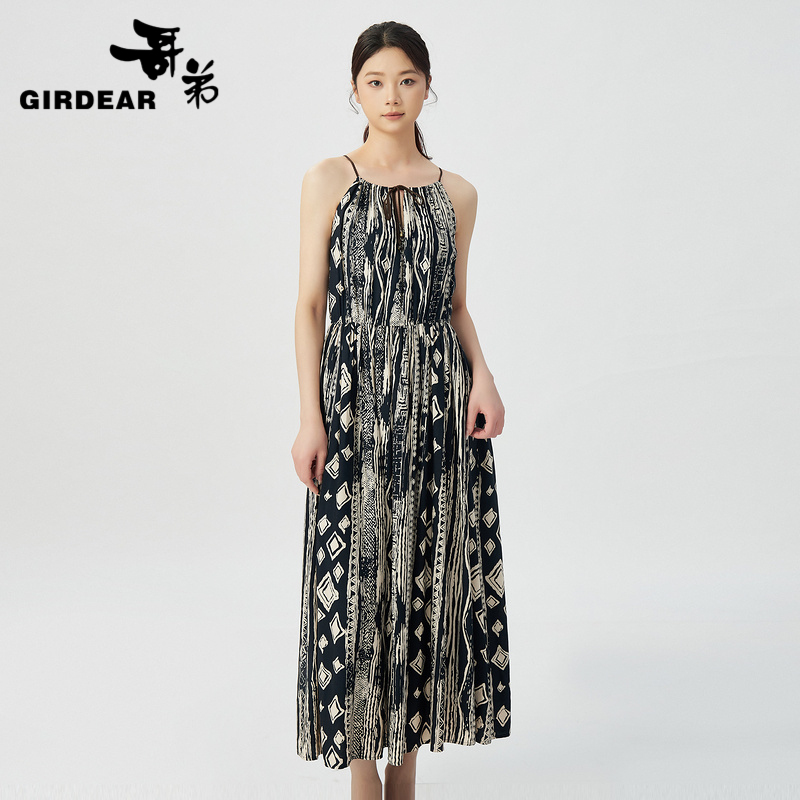 哥弟气质百搭度假风优雅复古显瘦吊带无袖长款沙滩连衣裙1500190