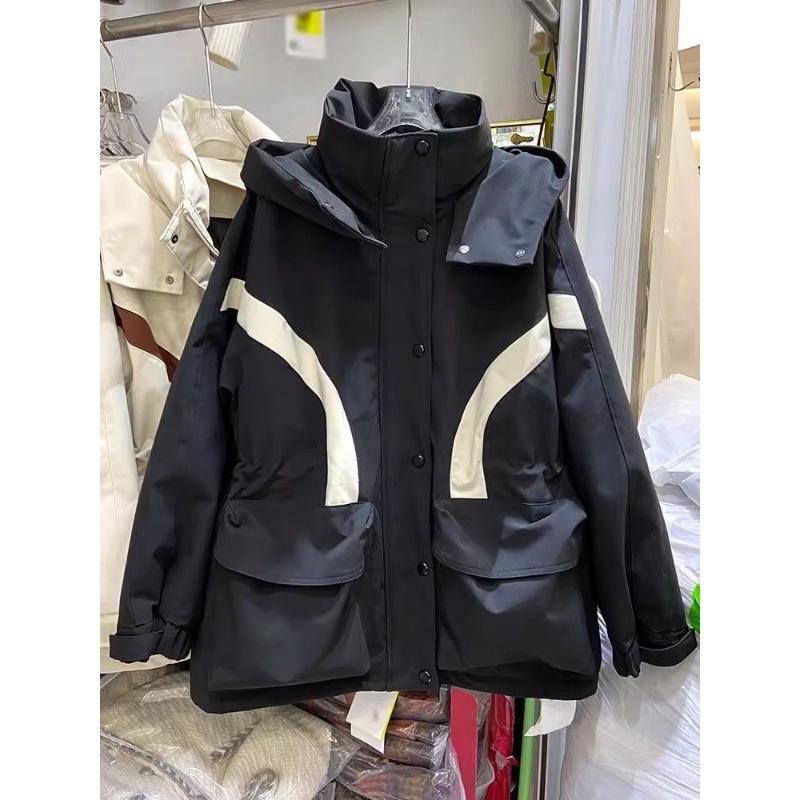 白鸭绒冲锋衣女2023冬新款宽松撞色收腰欧货中长款风衣羽绒服外套