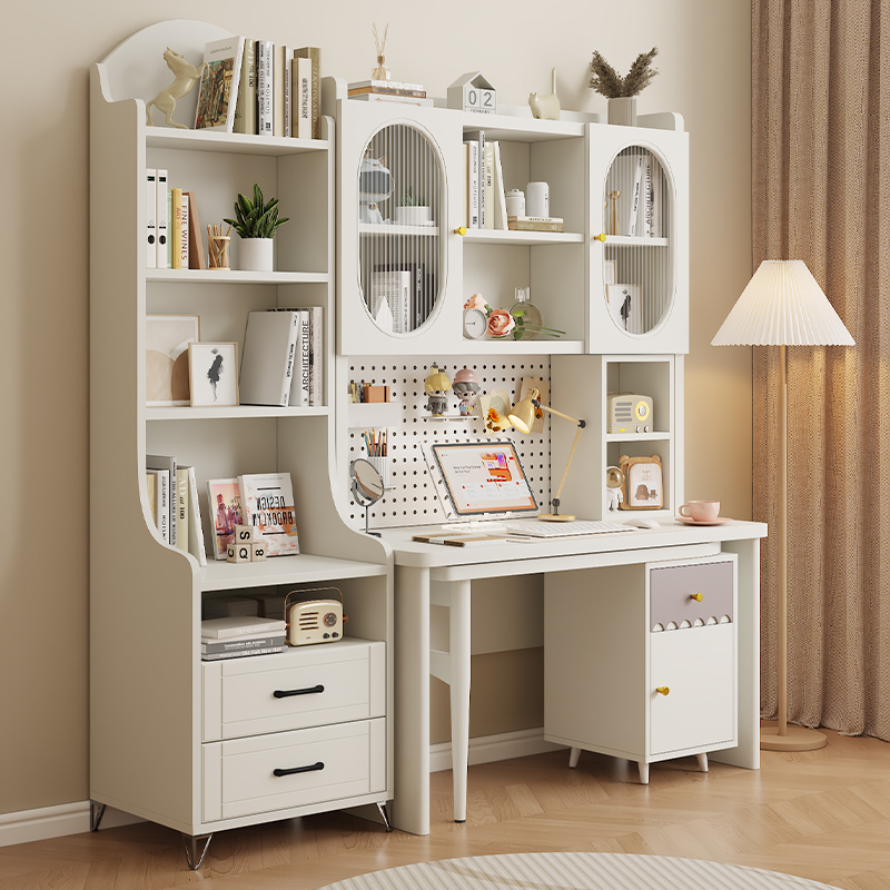 奶油风实木转角书桌电脑桌书架一字儿童书柜学习桌组合家用写字桌