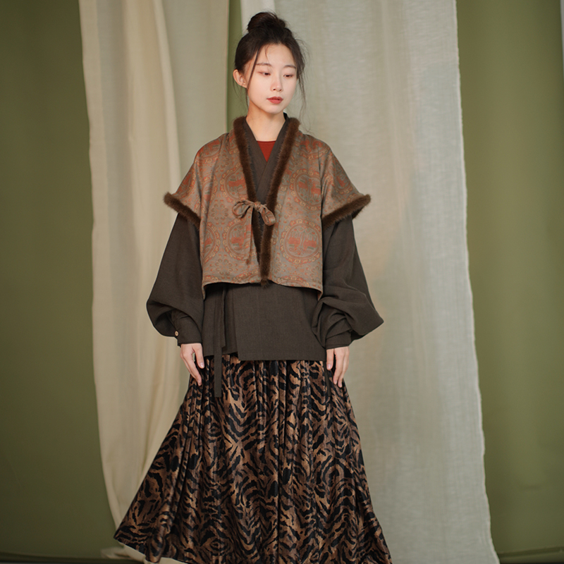  双鹿团窠纹唐制背子国风日常宽松汉服原创印花百搭休闲时尚