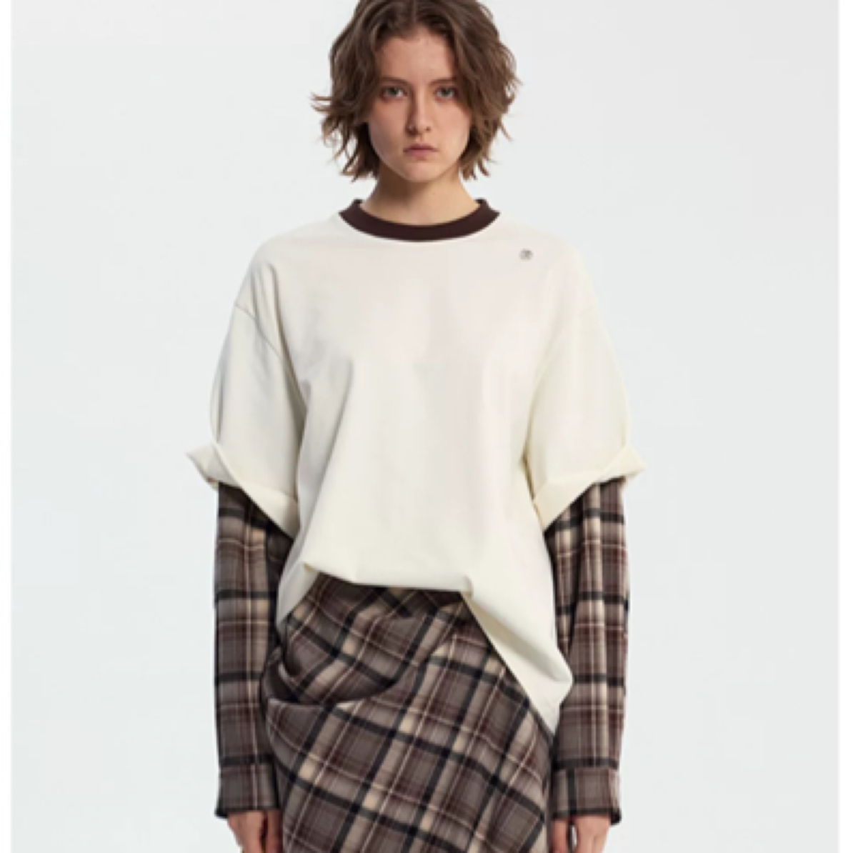 【新品】UHOOWU设计师品牌24冬季新款假两件格子长袖T恤 正品授权