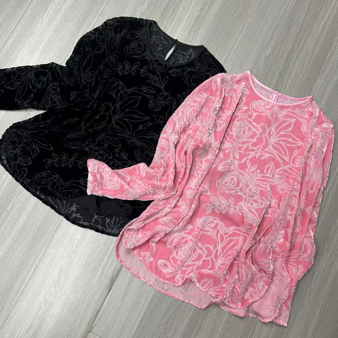 100%桑蚕丝丝绒烧花圆领长袖早秋款T恤气质时尚显瘦衣服