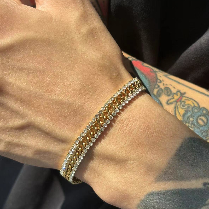 钛钢锆石手链 小众百搭金色宽边网球古巴手饰潮男女法式轻奢个性