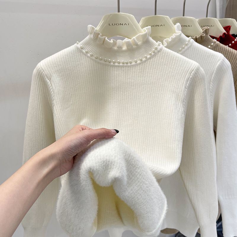 加绒毛衣女加厚秋冬内搭一体绒设计感洋气钉珠木耳边半高领打底衫