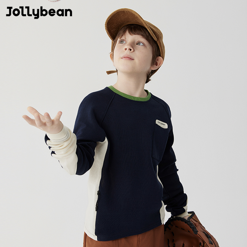 Jollybean丨儿童运动休闲24春款上衣复古拼色口袋长袖T恤retro