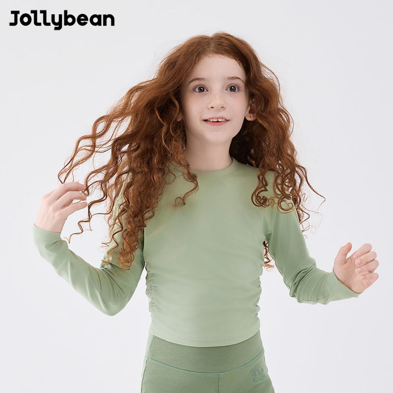 Jollybean圆领褶皱长袖T恤柔软透气百搭运动上衣女童 Dofit打底