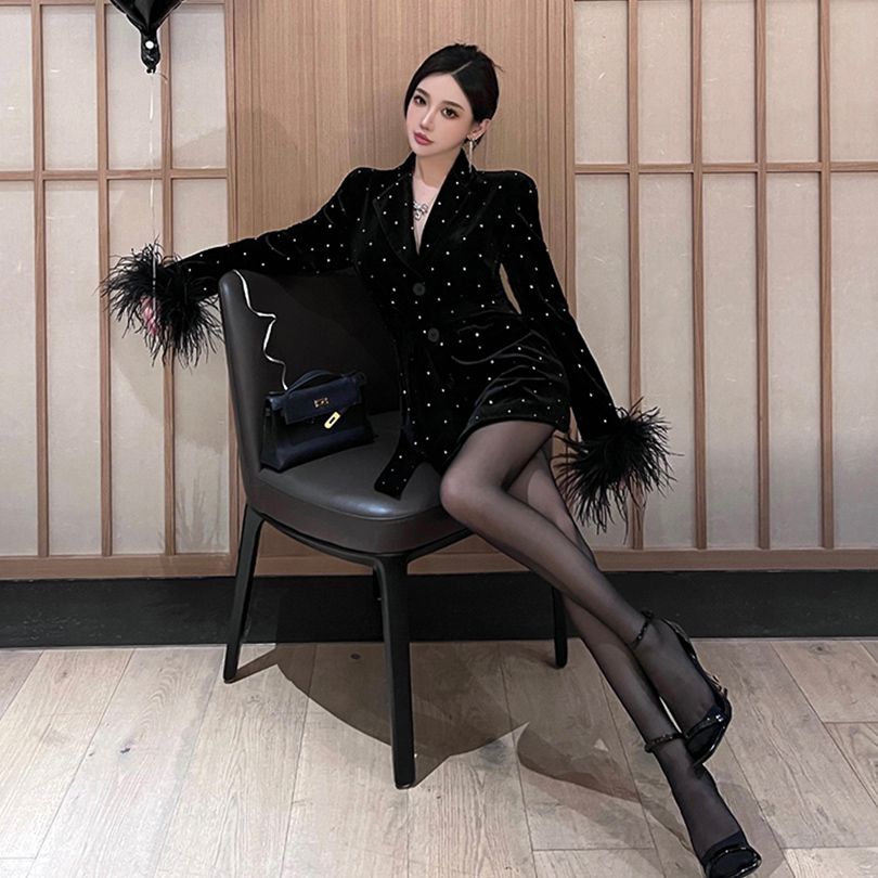 黑色大码网红春秋西装时尚名媛显瘦过膝冬季秋季连体春季满钻烫