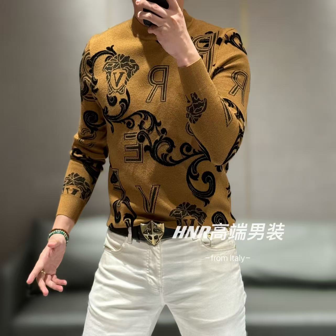 巴洛克字母花卉图案纯色秋冬男士休闲百搭长袖针织衫6603