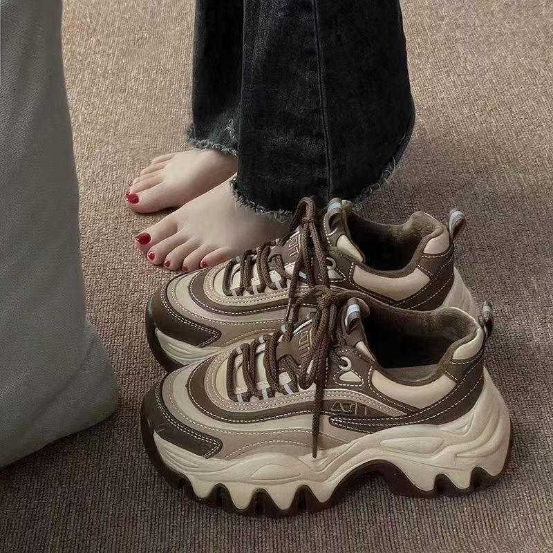 春秋网红休闲厚底系带ins美拉德炸街老爹鞋女显脚小年秋冬款加绒
