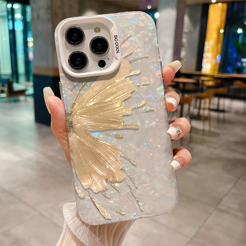 金色蝴蝶贝壳纹苹果15/14promax手机壳女生iPhone13高级12/11创意