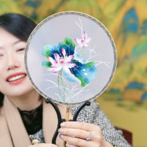 一涵荷花传承手工刺绣双面绣湘妃竹团扇摆件传统非遗汴绣艺术礼品