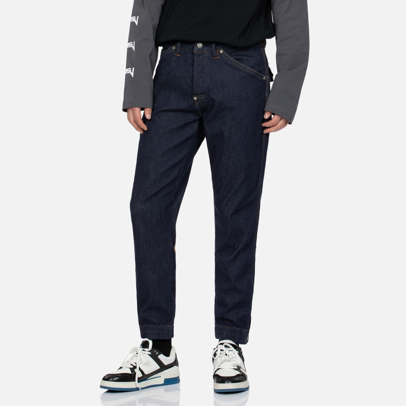 EVISU2023新款男士火焰大M印花休闲潮流街头纽扣直筒蓝色牛仔裤男