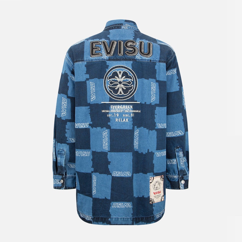 EVISU男家花图案棋盘格休闲翻领牛仔衬衫外套2EAHTM2SJ738XXDN