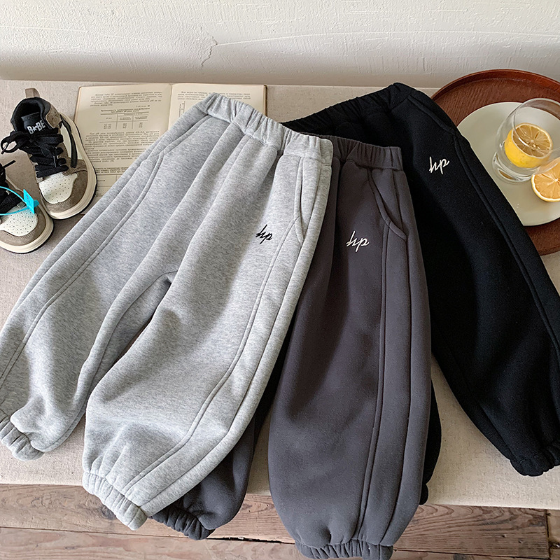 儿童加绒休闲裤2024冬季新款加厚男童女童韩版保暖长裤潮