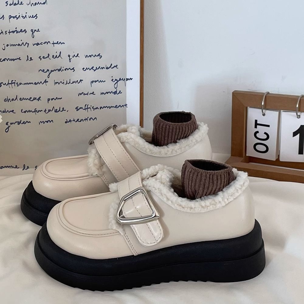 厚底松糕加绒小皮鞋女2024新款秋冬保暖乐福鞋复古英伦风棉鞋平底
