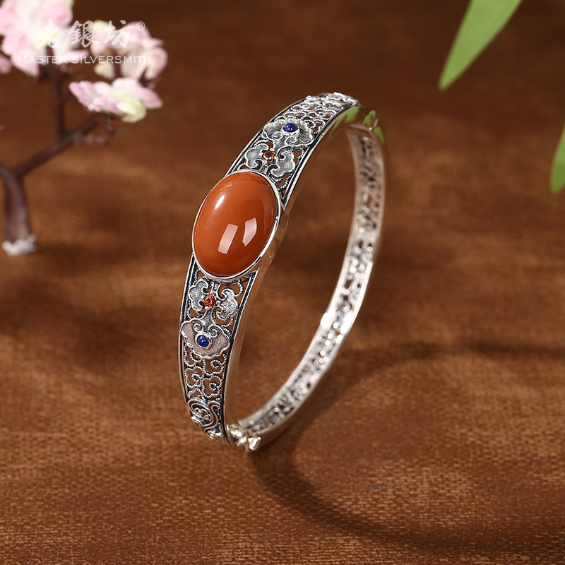 老银坊s925银玛瑙镂空如意祥云手镯 0034783