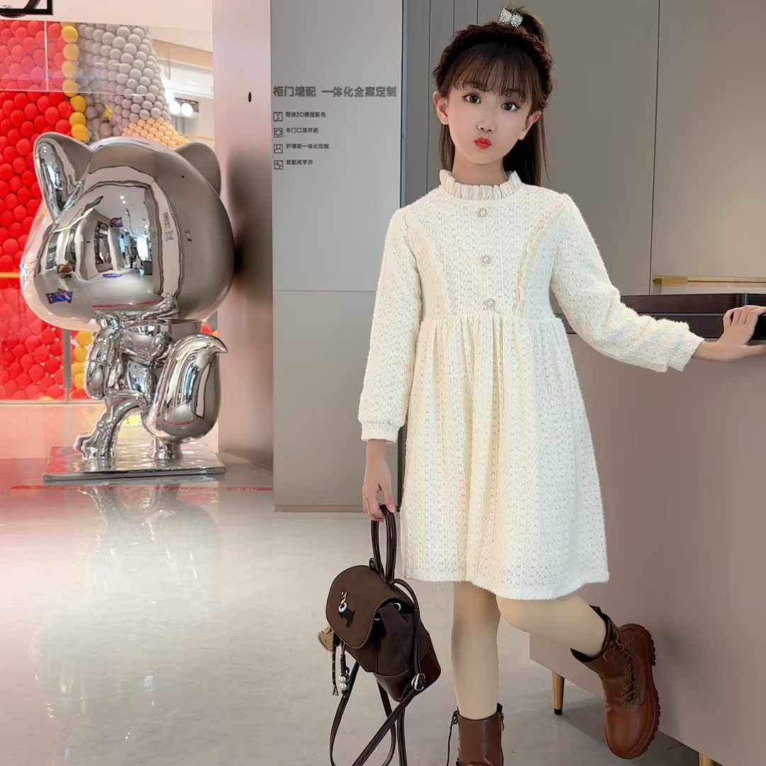 【贝贝优品】冬季加绒女童时尚甜美公主风蕾丝连衣裙