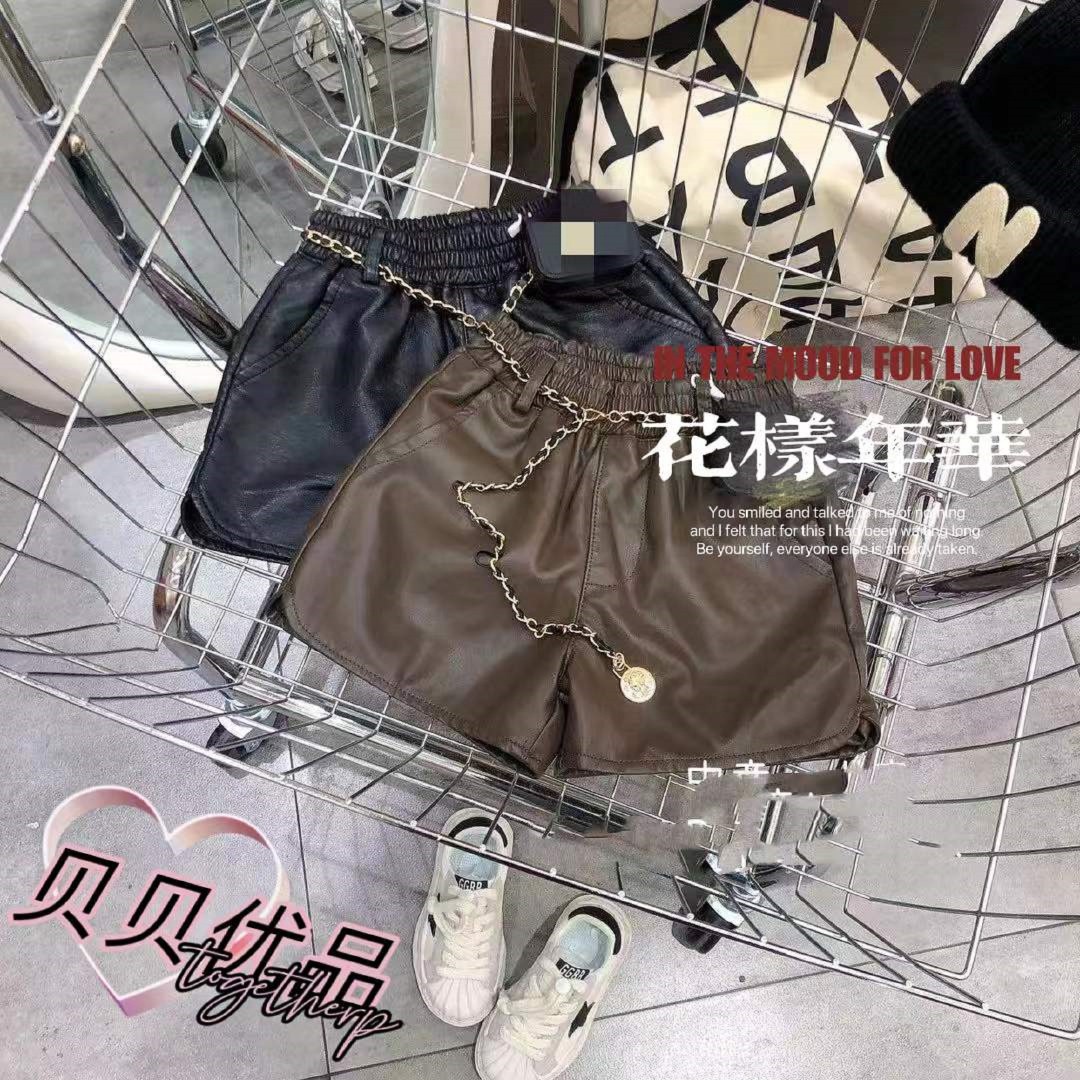 【贝贝优品】女童2025冬季加绒 时尚洋气百搭韩版链条皮短裤 