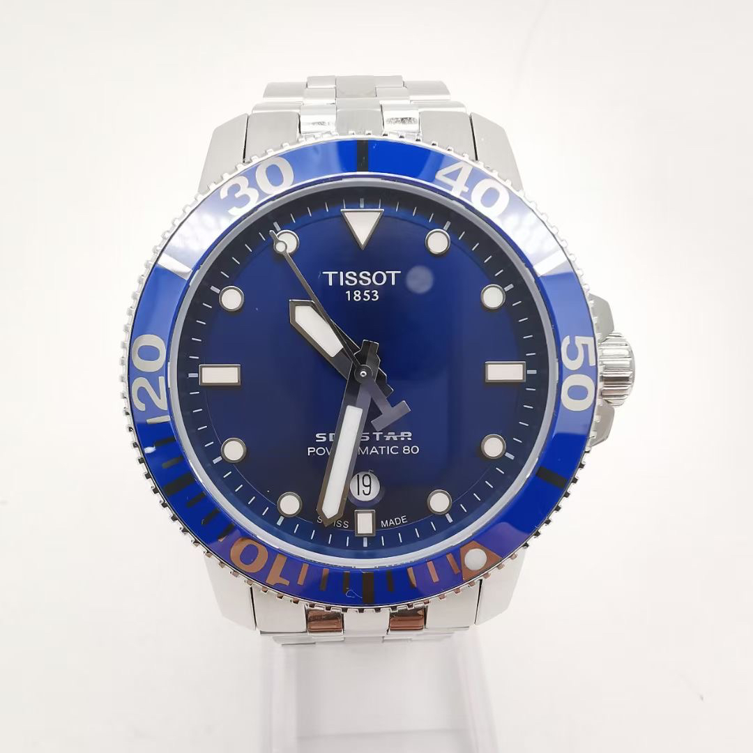 95新 Tissot/天梭 海星系列 运动型机械腕表 蓝盘钢带 表径43mm 