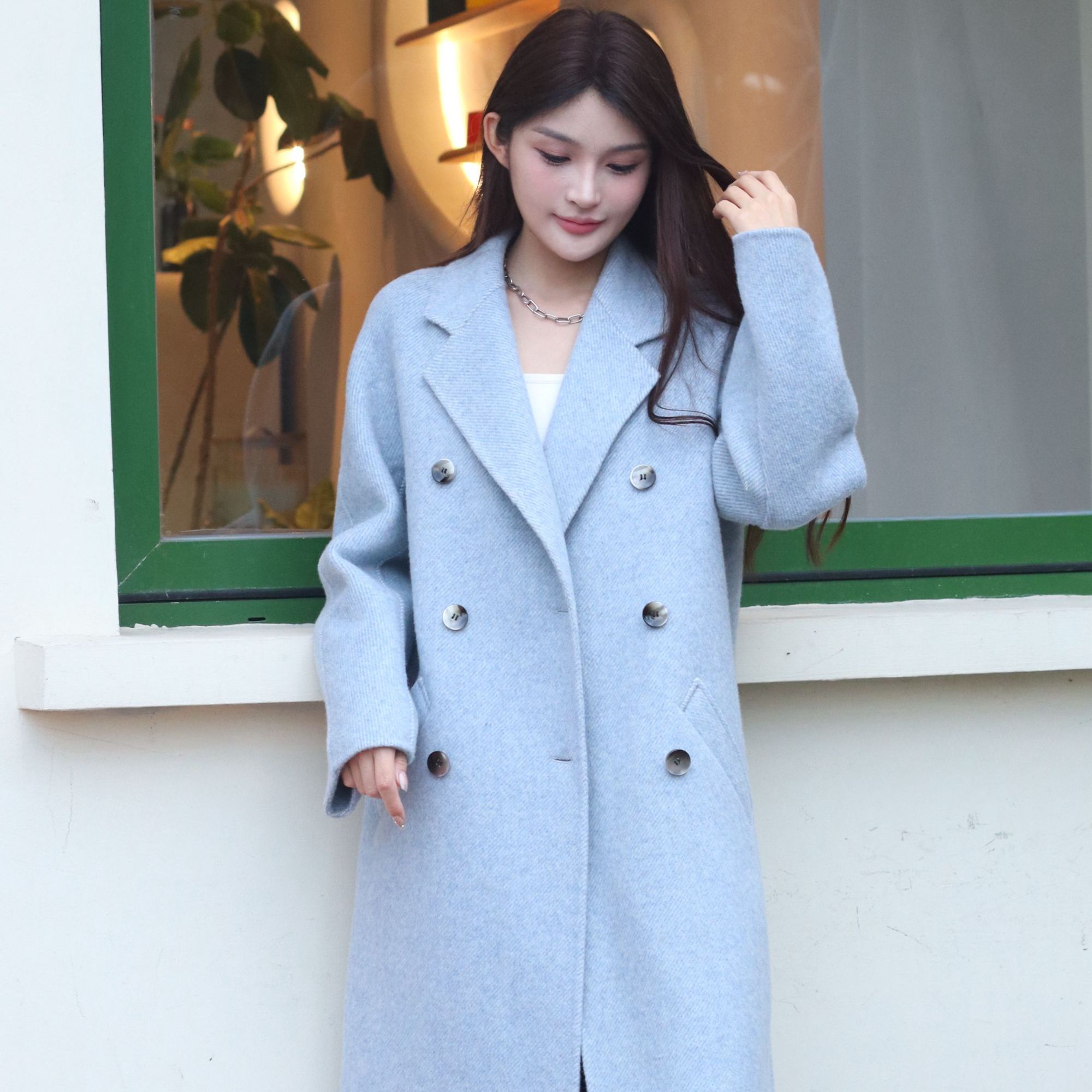 双面中长款经典设计师翻领韩版宽松斜纹秋冬双排扣双面呢大衣382