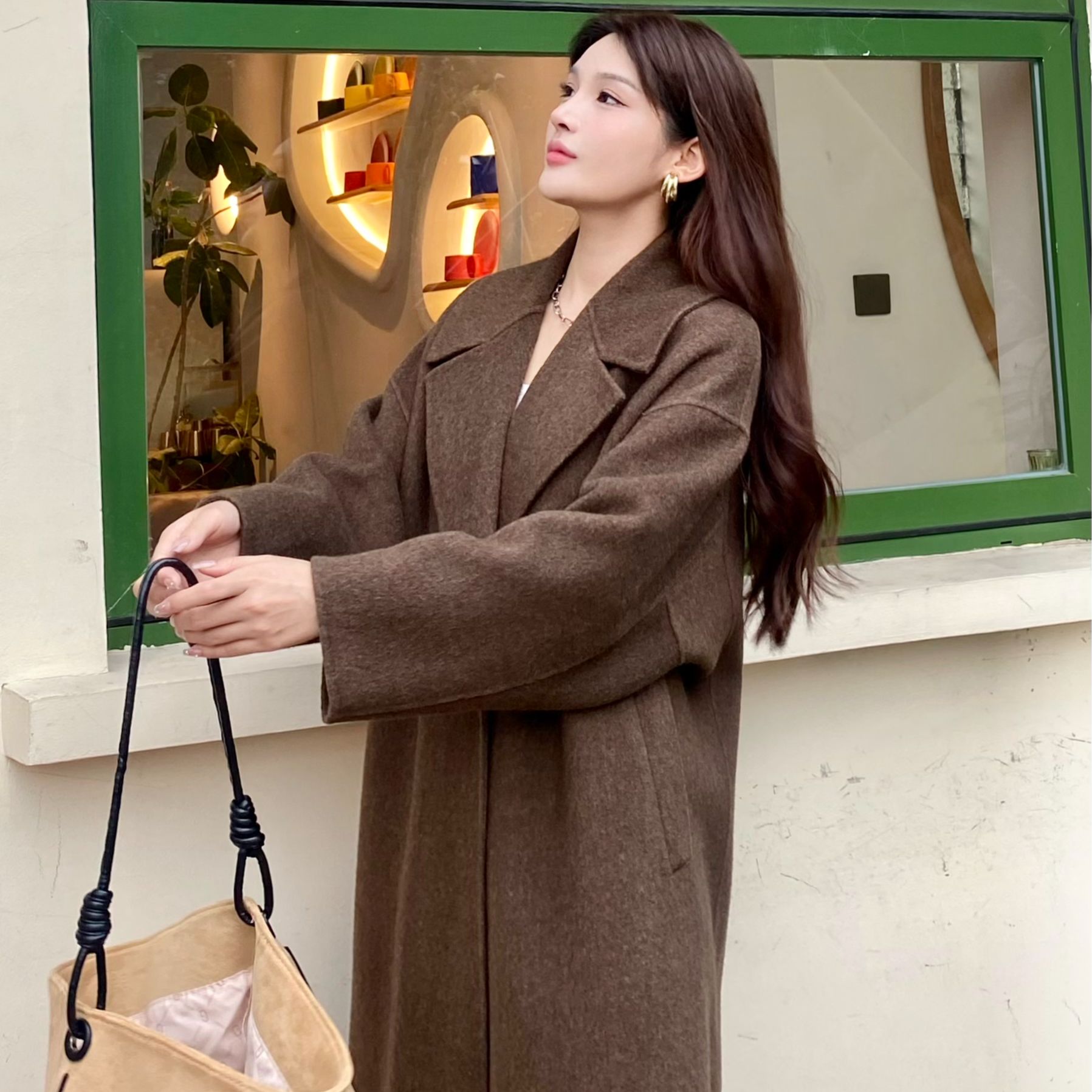 秋冬双面羊毛大衣女士宽松休闲落肩中长款欧货高端轻奢大衣385