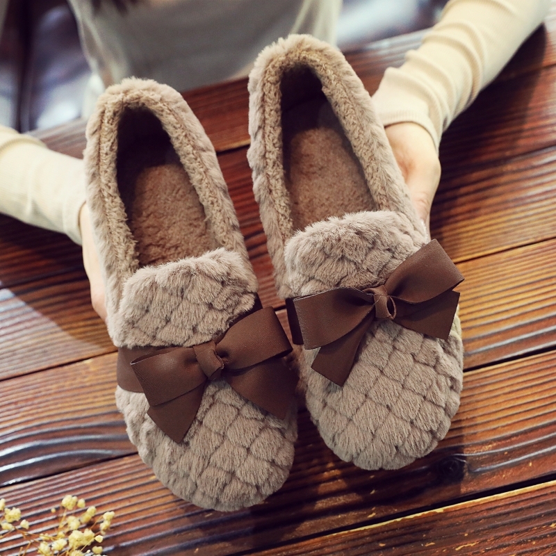  爆款冬季加绒女棉鞋时尚甜美蝴蝶结豆豆鞋平底一脚蹬老北京布鞋