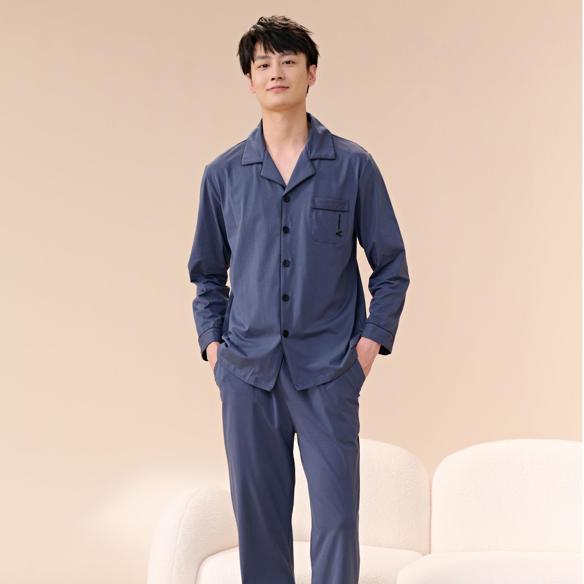 姬玛春秋款长袖纯棉中年男士睡衣秋冬翻领简约家居服套装241813