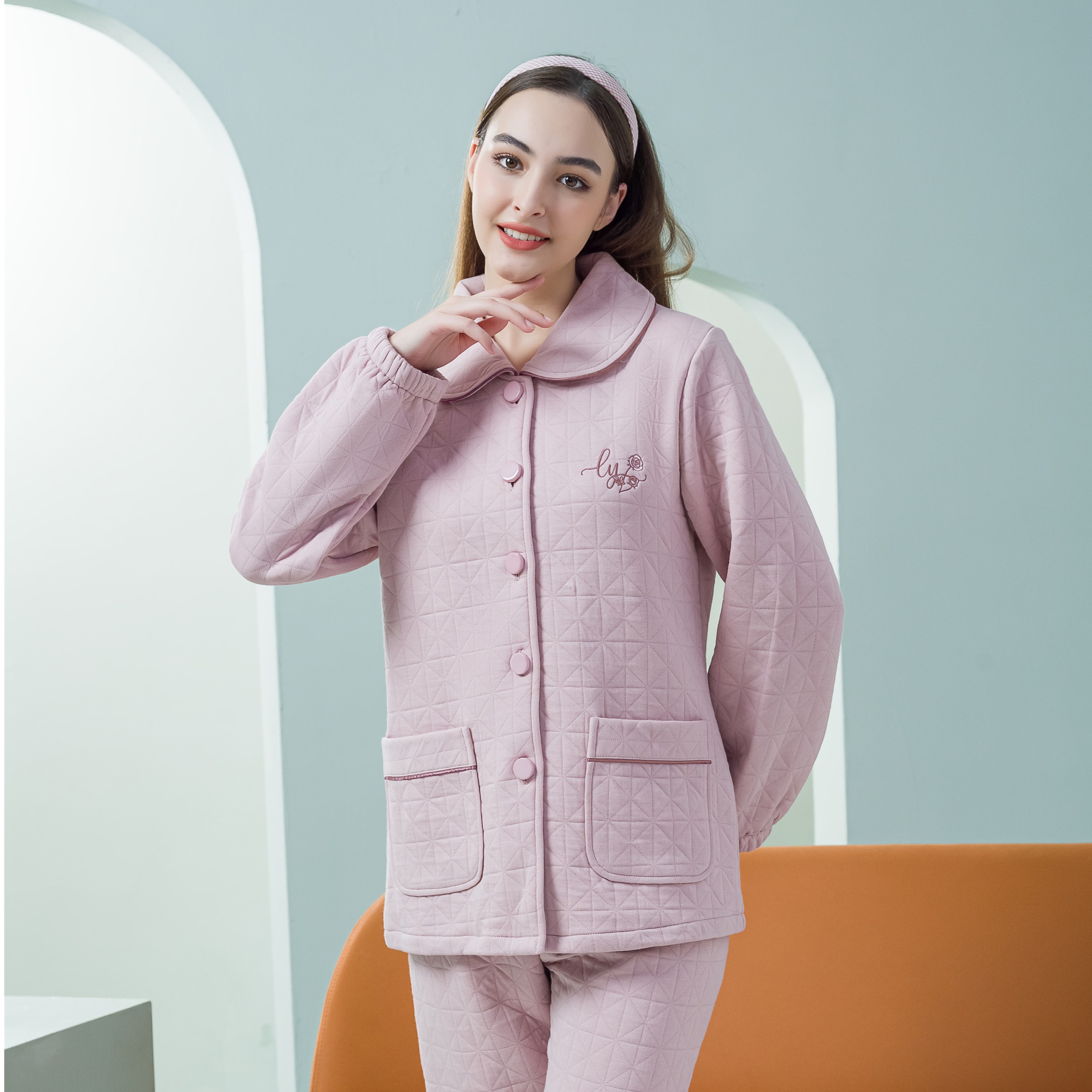 姬玛秋冬轻暖夹棉中厚保暖夹层棉睡衣大码女长袖家居服套装234372