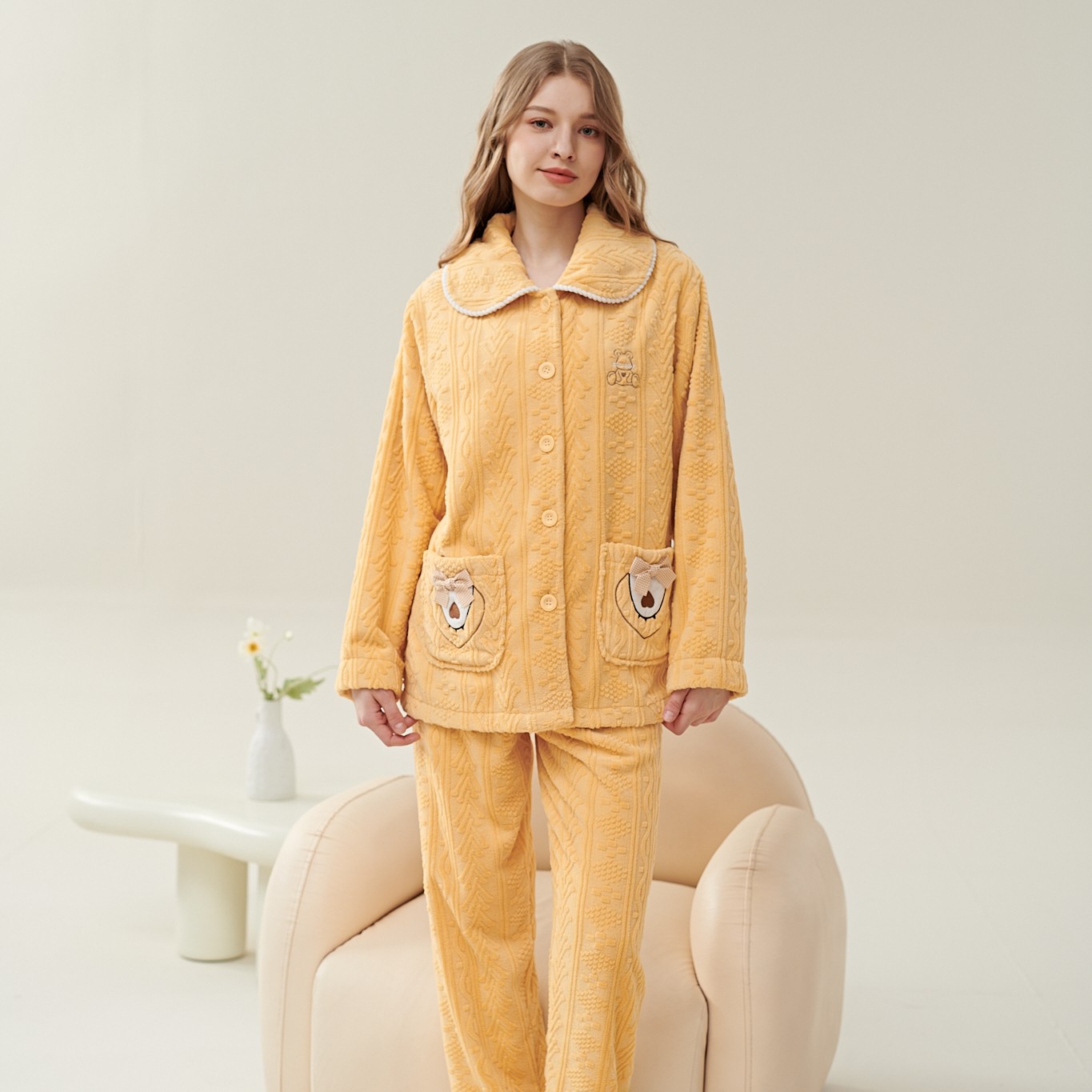 姬玛冬季加绒加厚保暖雪花绒女士家居服睡衣套装235524