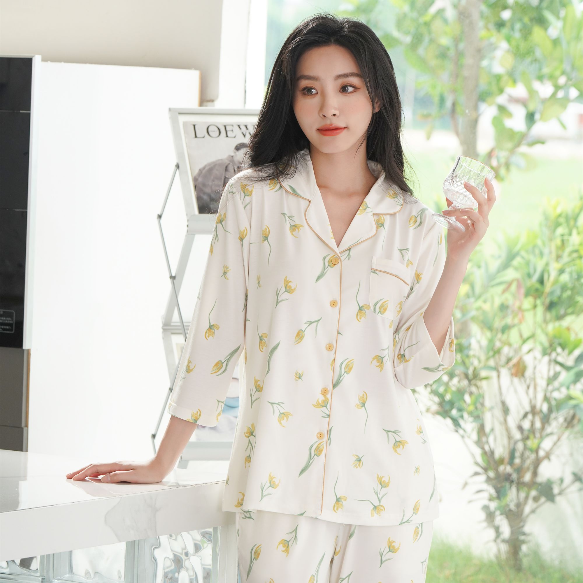 【郁金香】姬玛春夏款薄款冰瓷棉中年女七分袖睡衣家居服套装241376