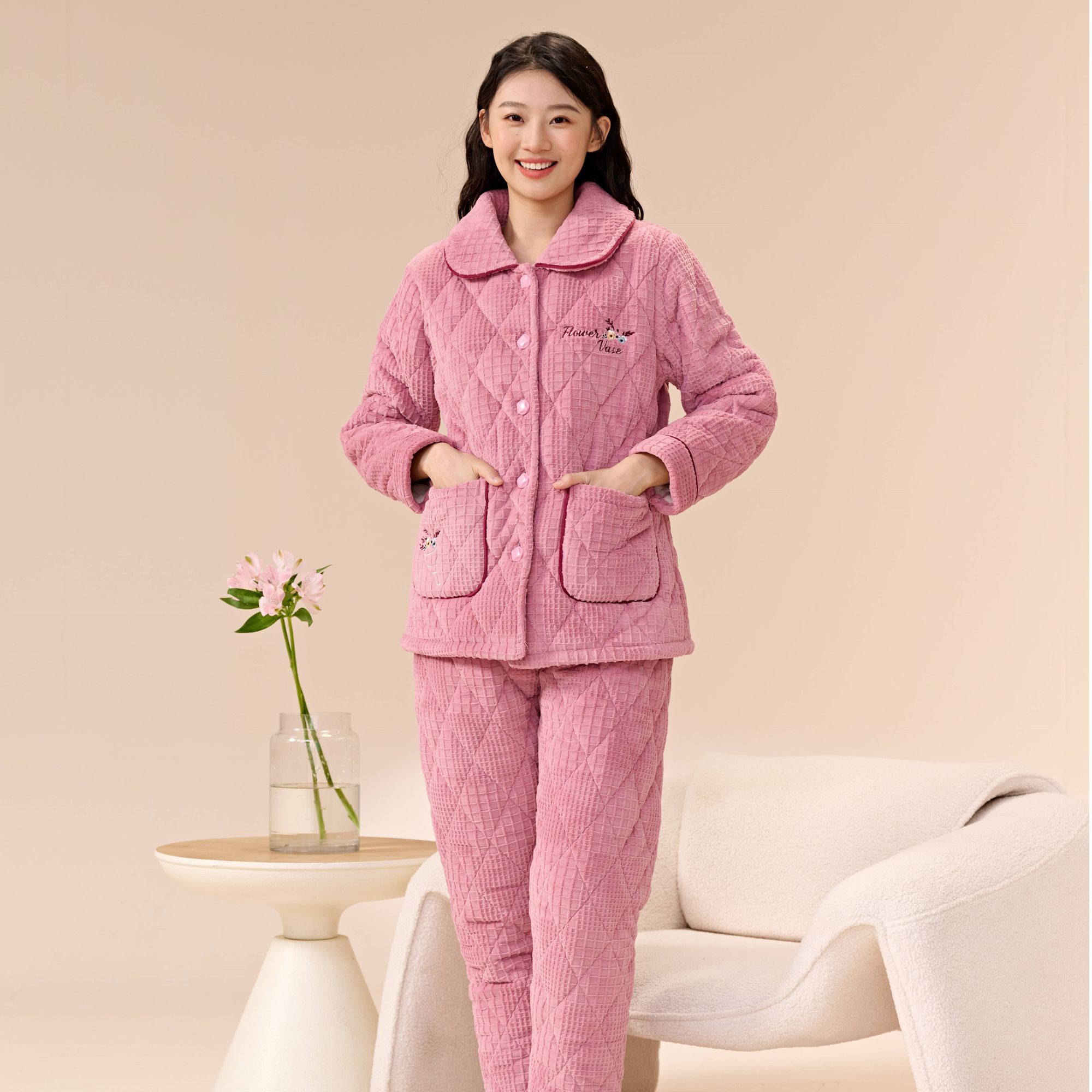 精选姬玛冬季三层加绒加厚夹棉女士保暖睡衣家居服套装248329