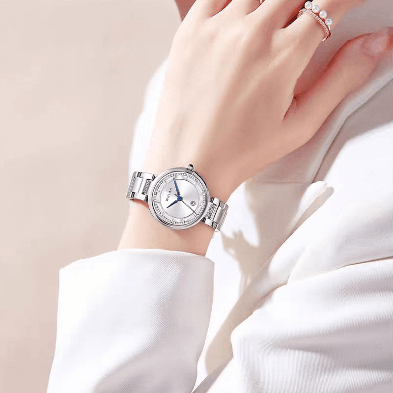 【官方正版】WL新款高级轻奢气质简约镶钻蓝针日历手表女士腕表8008