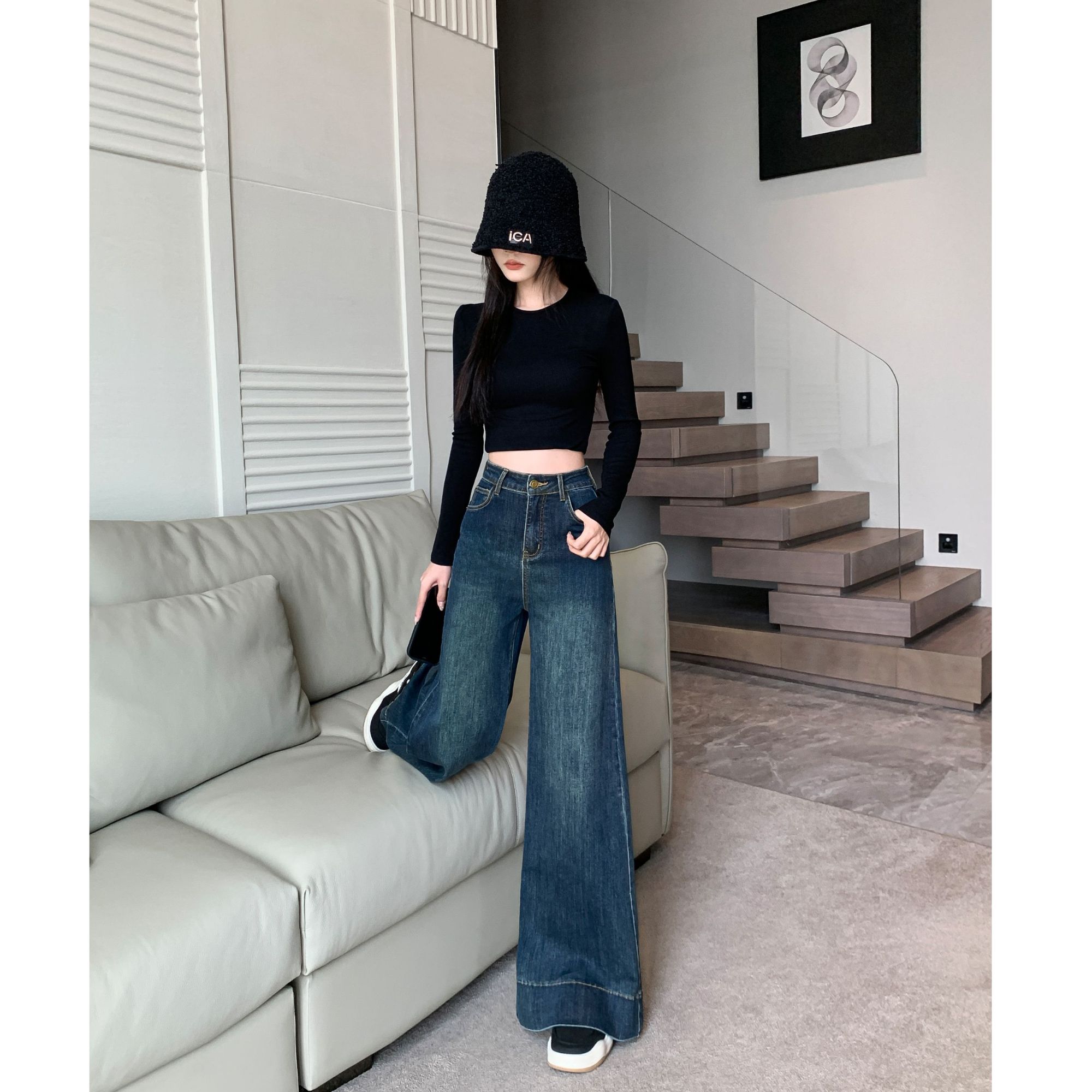 桃子西高腰小个子复古牛仔出行春游裤子牛仔裤阔腿裤百搭直筒裤