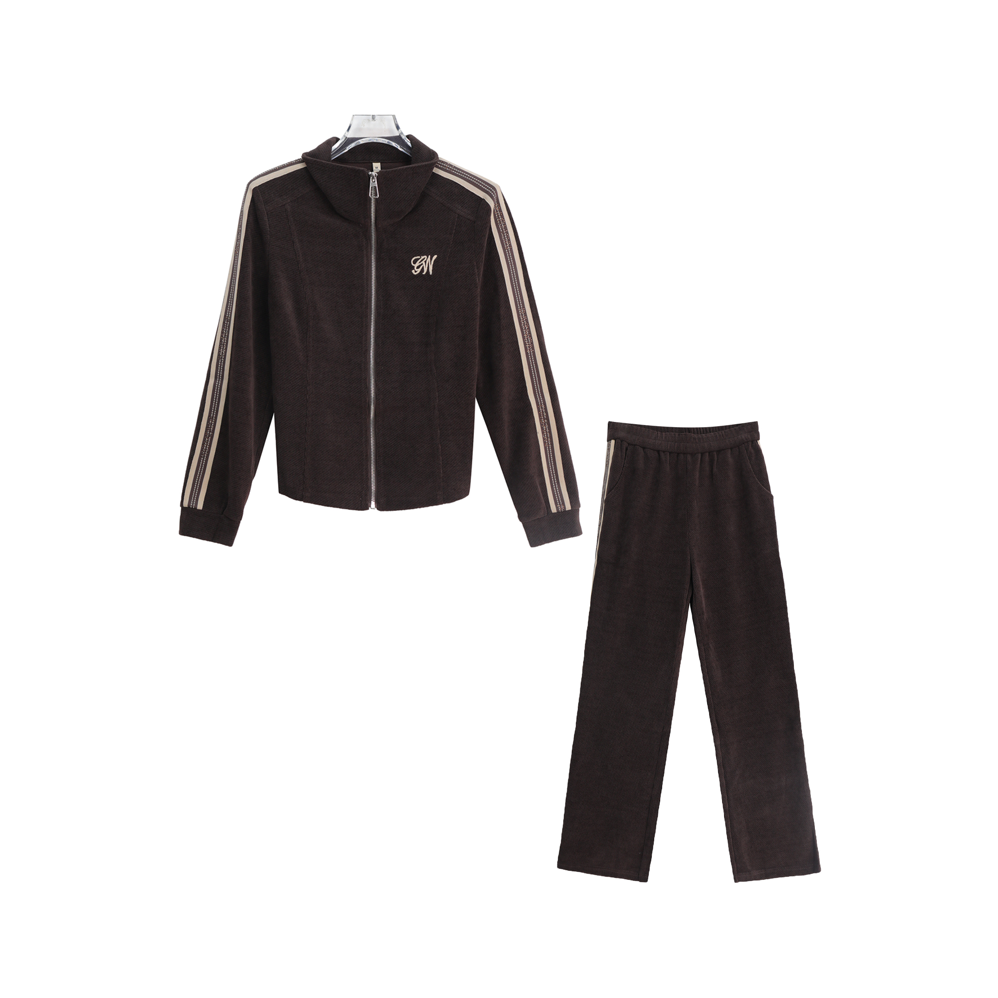 条纹宽松减龄拉链上衣高腰显瘦长款套装S3942