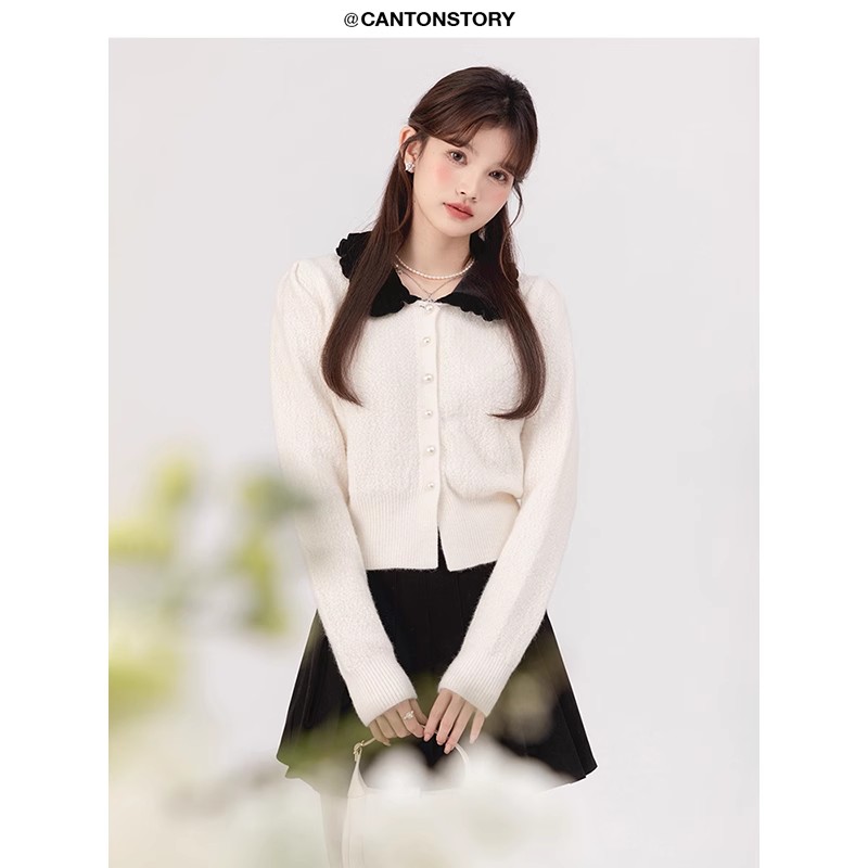 【羊城故事】撞色领毛衣气质法式春季新款长袖针织衫8055