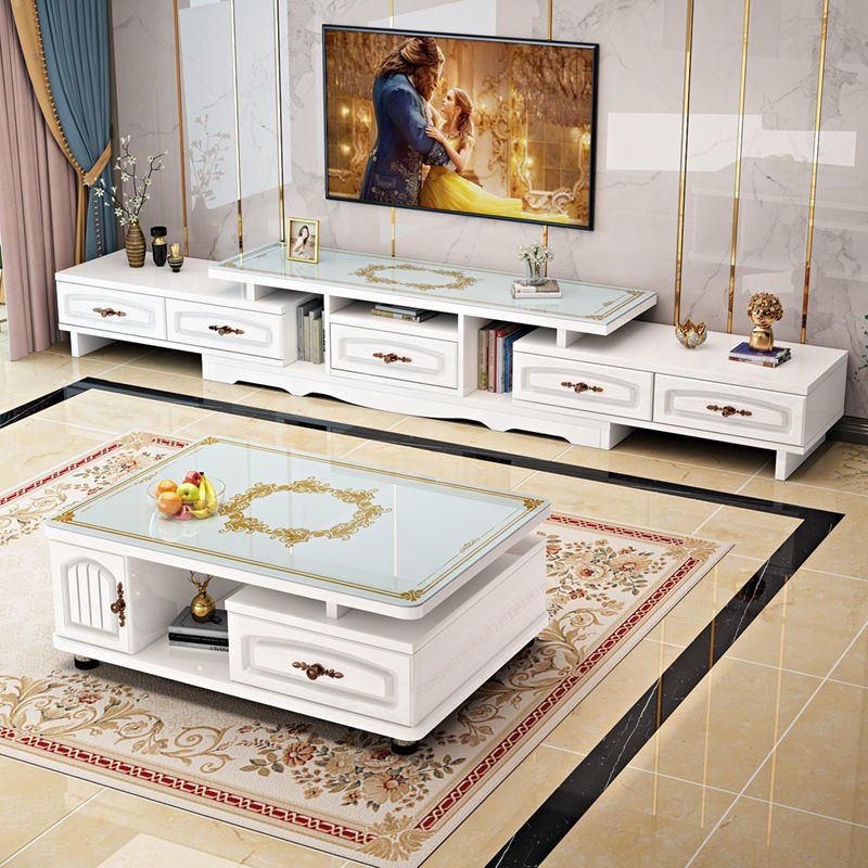欧式圆角茶几桌简约现代电视柜茶几组合钢化玻璃茶几小电视柜客厅