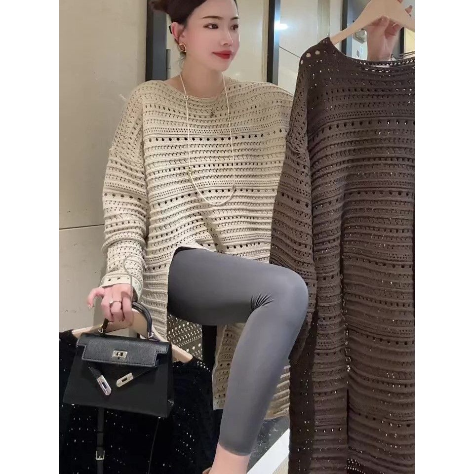 【婉婉专属】2024季新款显瘦百搭圆领套头镂空侧开衩中长款针织上衣