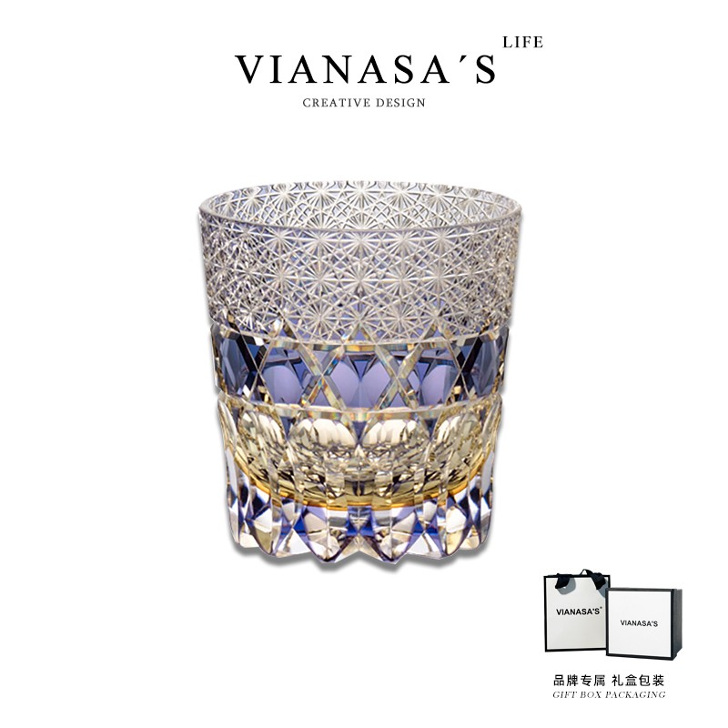 VIANASA'S手工雕刻玻璃杯欧式水晶玻璃江户切子荧石威士忌洋酒杯