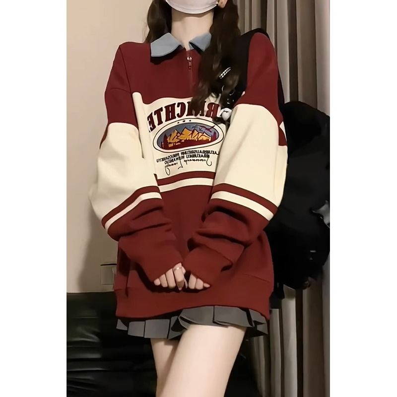 学院风拼色polo领半拉链卫衣女宽松慵懒oversize韩系chic秋冬外套