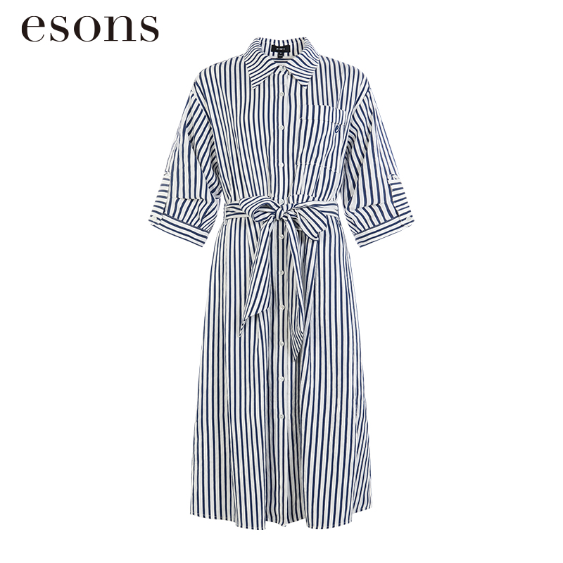 esons/爱城市【商场同款】法式经典条纹系带收腰衬衫连衣裙35534970