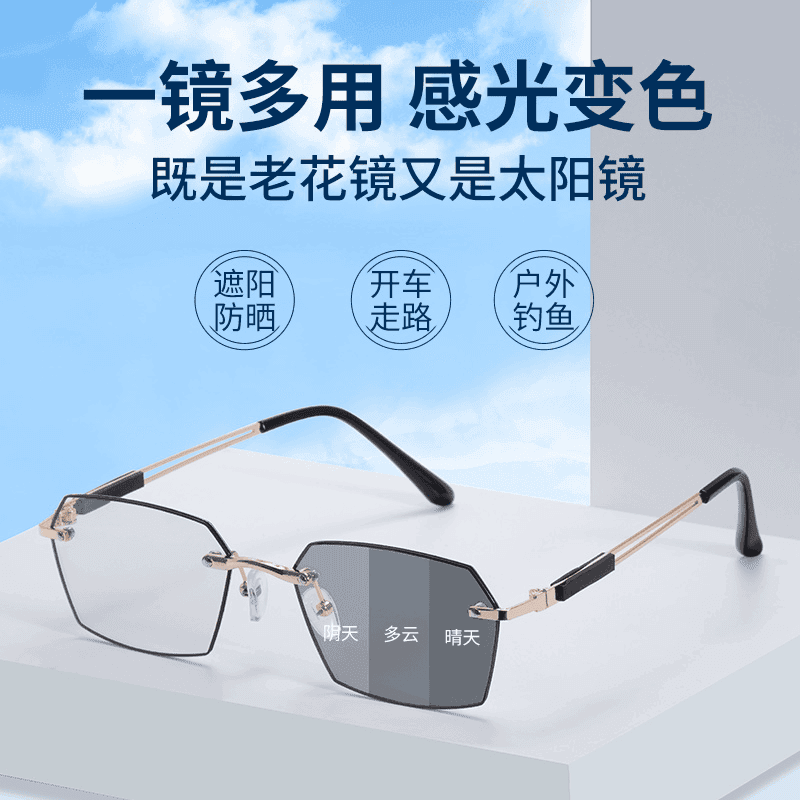 【升级款变色老花镜】高端时尚防蓝光高颜值金属黑框设计遮阳-R