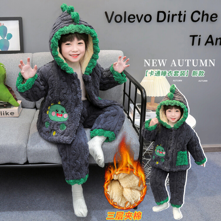 儿童睡衣秋冬款爆款2023新款儿童三层夹棉睡衣睡衣男童冬季加厚加