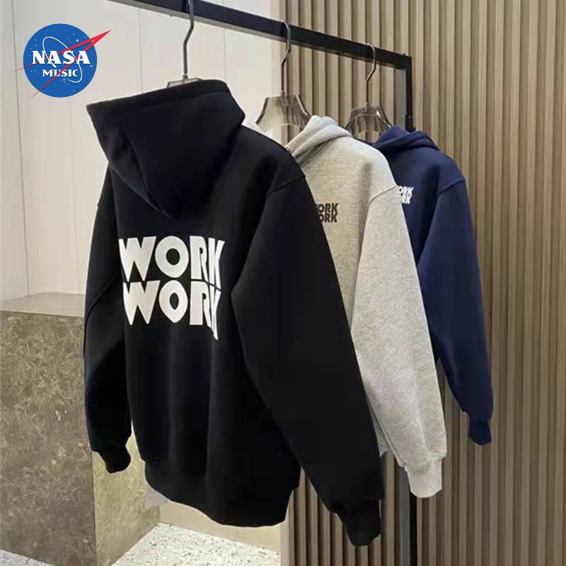 NASA加绒连帽卫衣男秋冬季潮牌ins字母印花上衣港风宽松加厚保暖