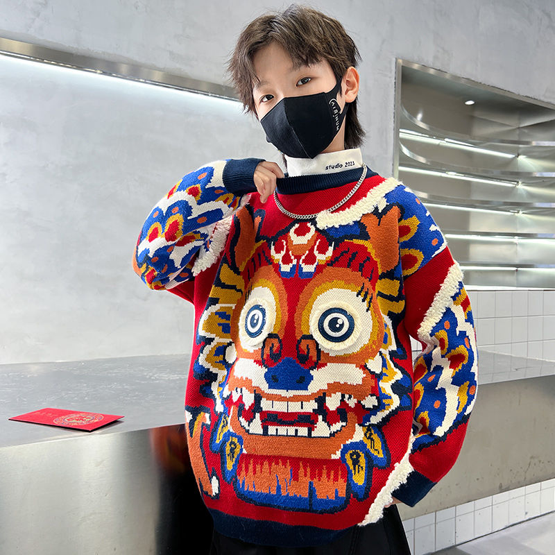 新品巴拉巴拉男童毛衣2024新款秋冬款大儿童冬季拜年服龙年红色加