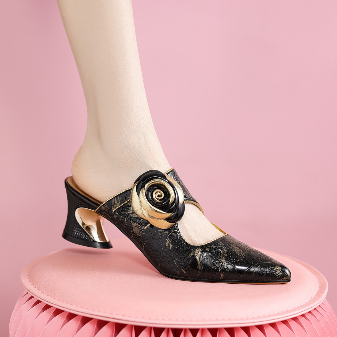 2024春夏时尚气质百搭女士尖头单鞋时尚黑色粗跟包头高跟 x26-t30