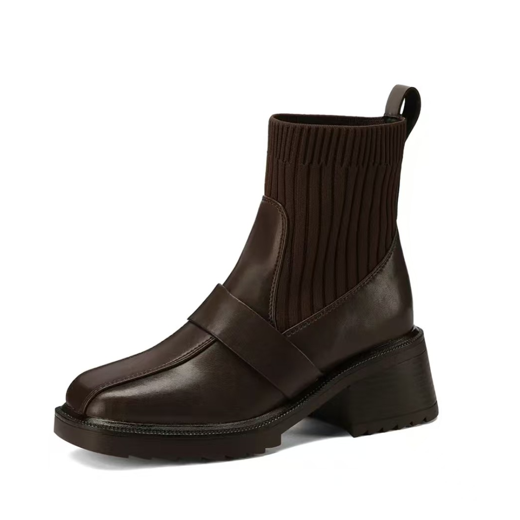 牛皮保暖飞织英伦风短靴皮面粗跟女款多层胶粘防水工艺r2758